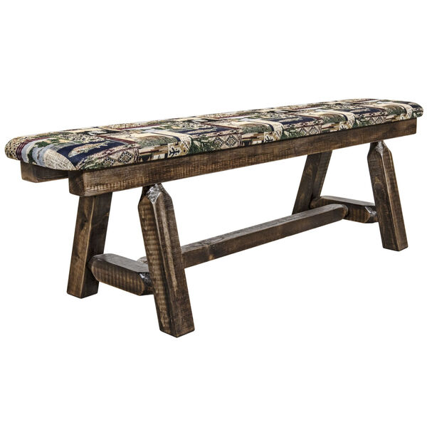 Homestead Stain and Lacquer 5 Foot Plank Style Bench with Woodland Upholstery, image 1