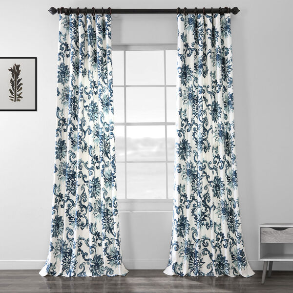 Indonesian Blue Printed Cotton Twill Single Panel Curtain 50 x 108, image 1