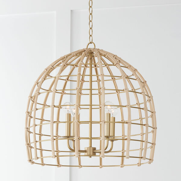 Wren Matte Brass Four-Light Pendant Made with Handcrafted Rattan, image 5