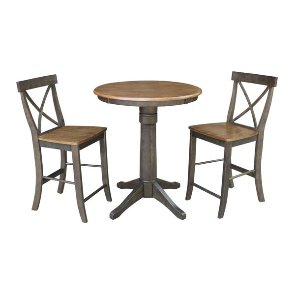 Hickory and Washed Coal 30-Inch Pedestal Gathering Height Table With X-Back Counter Height Stools, Three-Piece, image 1