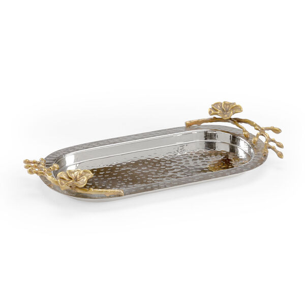 Antique Silver and Polished Gold Fresh Stem Oval Tray, image 1