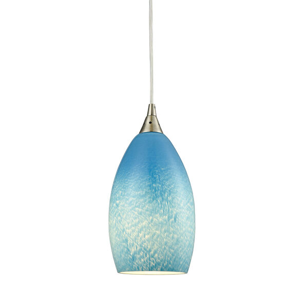 Earth Satin Nickel 5-Inch One-Light Mini Pendant with Whispy Cloud Sky Blue Glass Shade, image 1