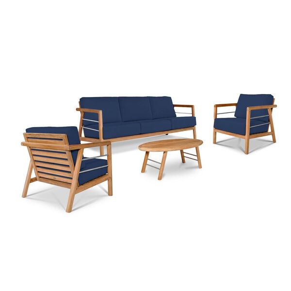 Aalto Natural Teak Deep Seating Four-Piece Outdoor Sofa Set with Sunbrella Navy Blue Cushion, image 1