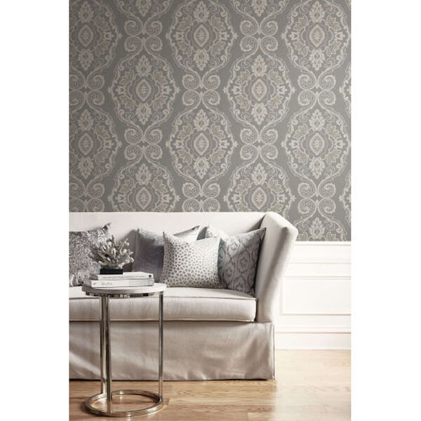 Beach House Gray and White Nautical Damask Unpasted Wallpaper, image 1