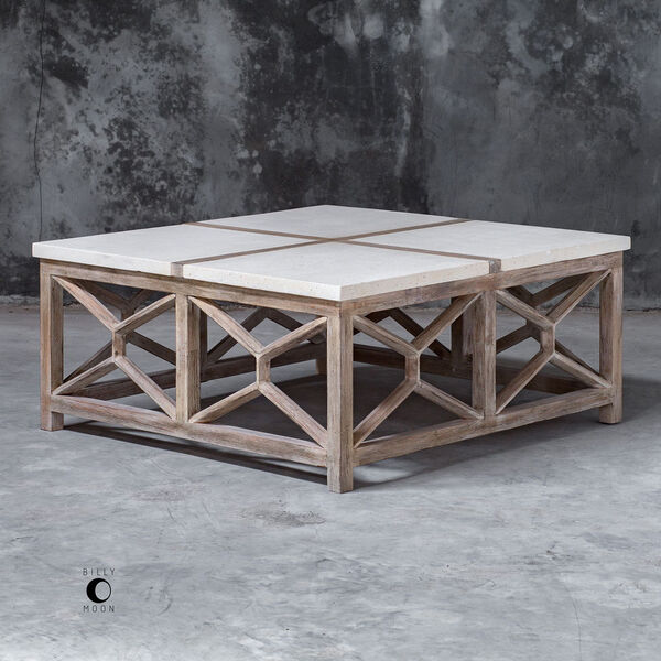 Catali Ivory Limestone and Oatmeal Washed Wood Coffee Table, image 2