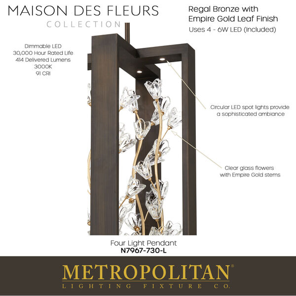 Maison Des Fleurs Regal Bronze with Empire Gold 16-Inch LED Pendant, image 2