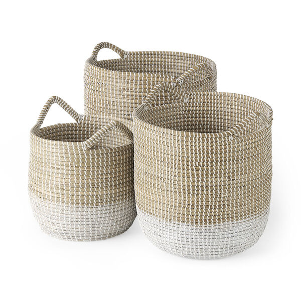 Maddie Light Brown and White Round Basket with Handle, Set of 3, image 1