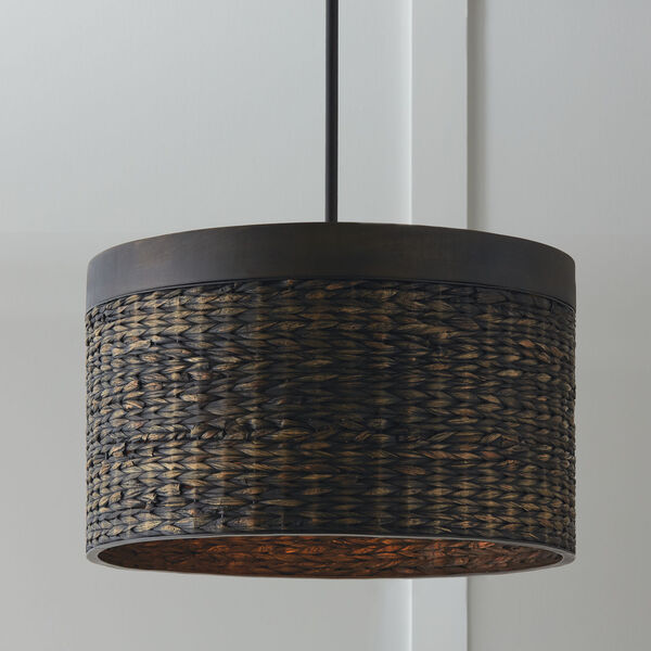 Tallulah Charcoal Wash Four-Light Drum Pendant Black Made with Handcrafted Mango Wood and Water Hyacth, image 4
