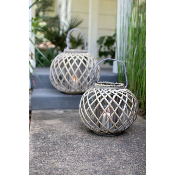 Grey Small Low Round Willow Lantern with Glass, image 1
