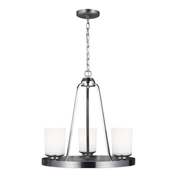Kemal Brushed Nickel Three-Light Chandelier with Etched White Inside Shade, image 1