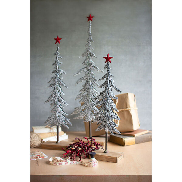 Silver Christmas Trees on Wooden Bases with Red Star, Set of 3, image 2