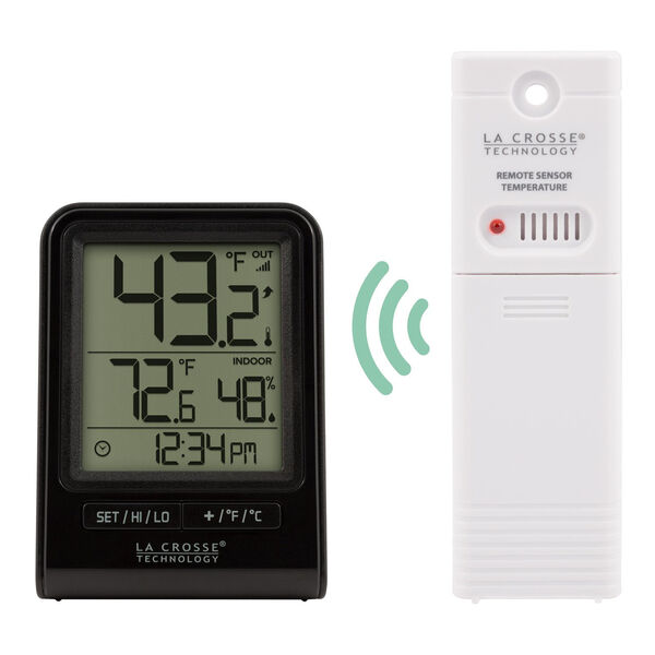 Black Wireless Thermometer with Indoor/Outdoor Temperature and Time, image 2