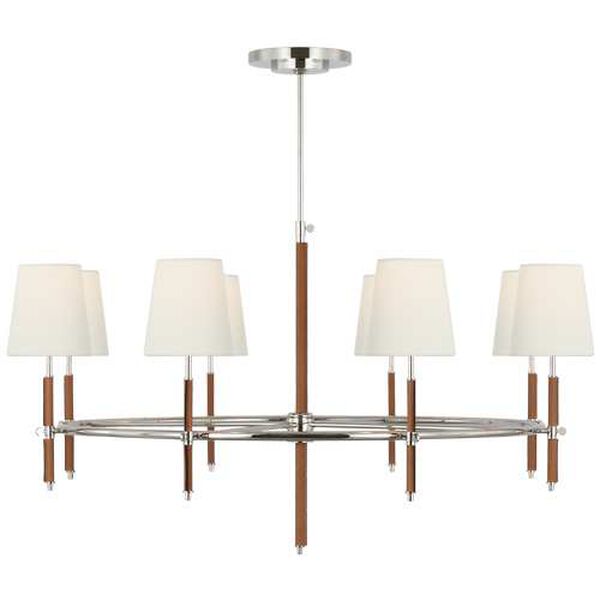 Bryant Polished Nickel and Natural Eight-Light Wrapped Ring Chandelier with Linen Shades by Thomas O'Brien, image 1