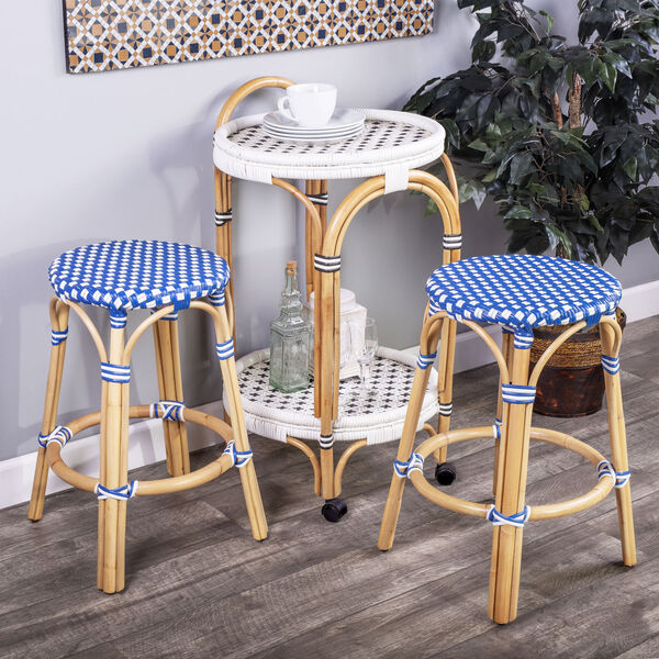 Tobias Bright Sky Blue and White Dot on Natural Rattan Counter Stool, image 8