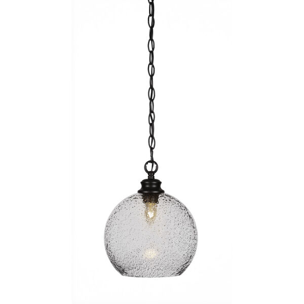 Kimbro Matte Black One-Light 12-Inch Chain Hung Mini Pendant with Smoke Bubble Glass, image 1