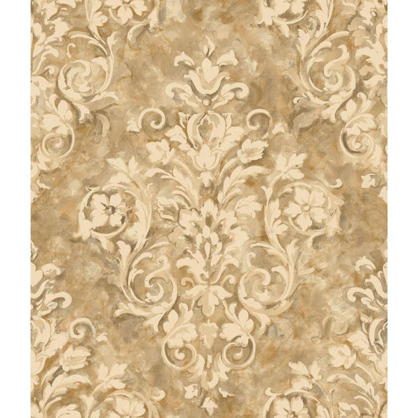 Handpainted III Gold and Cream Painterly Damask Wallpaper: Sample Swatch Only, image 1