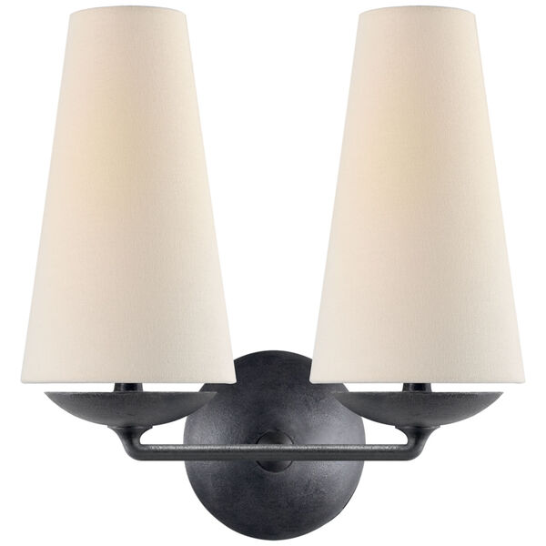 Fontaine Double Sconce in Aged Iron with Linen Shades by AERIN, image 1
