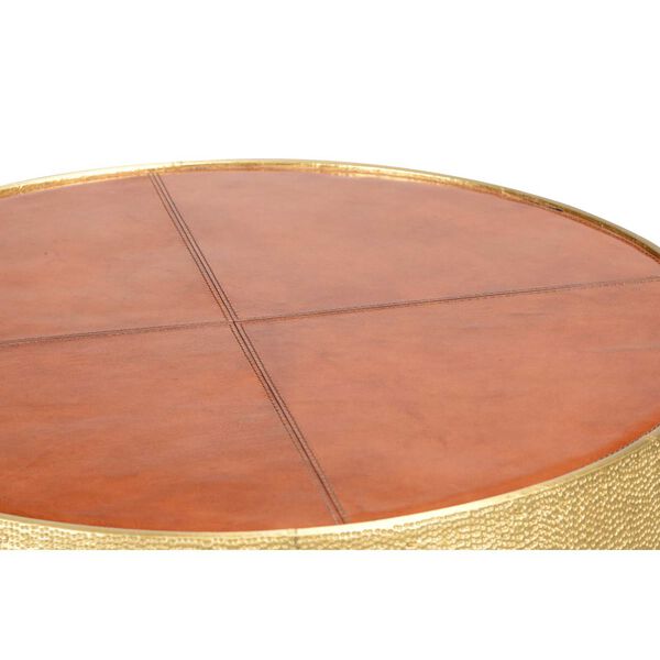 Cognac and Antique Brass Drum Table, image 4