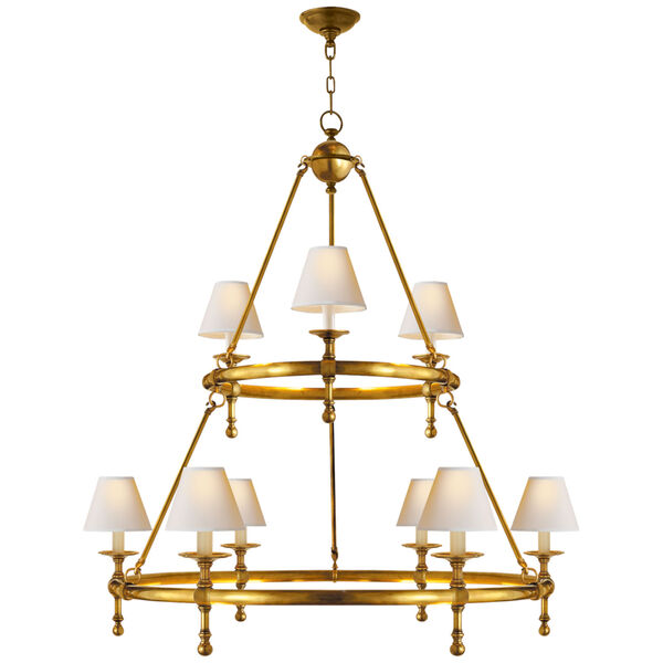 Classic Large Ring Chandelier in Hand-Rubbed Antique Brass with Natural Paper Shades by Chapman and Myers, image 1