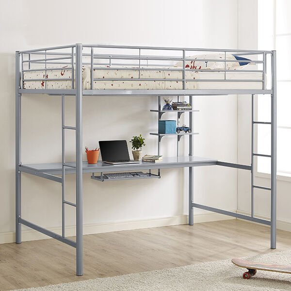 Premium Metal Full Size Loft Bed with Wood Workstation - Silver, image 1