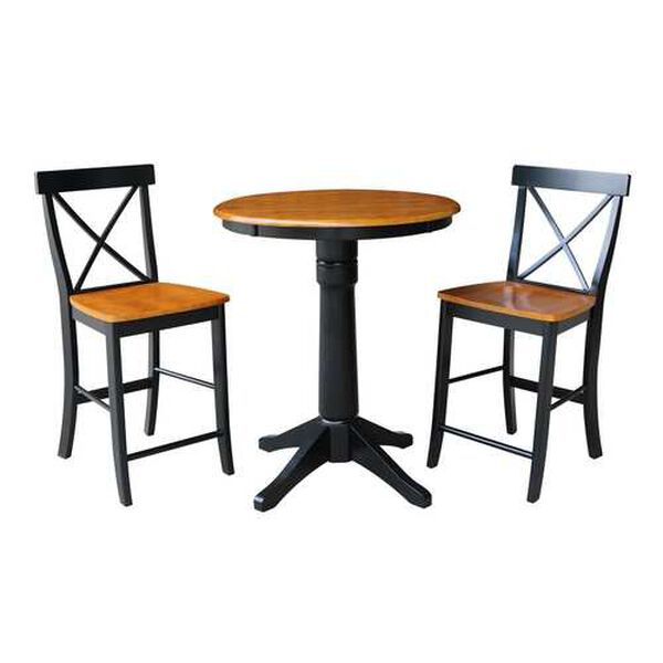 Black and Cherry Round Pedestal Counter Height Table with X-Back Stools, 3-Piece, image 1