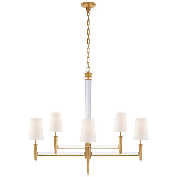 Lyra Two Tier Chandelier in Hand-Rubbed Antique Brass and Crystal with Linen Shades by Thomas O'Brien, image 1