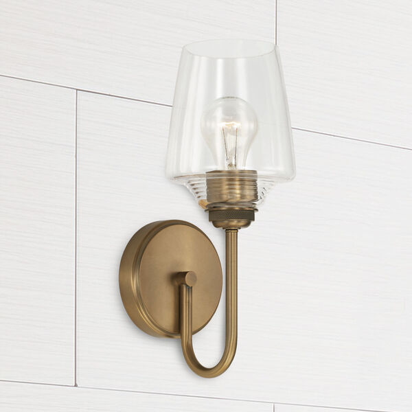 Miller Aged Brass One-Light Wall Sconce with Clear Ribbed Glass, image 3