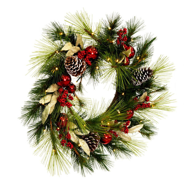 Green 24 In. Artificial Christmas Wreath with Red Berries and Battery Operated Warm White Lights, image 2