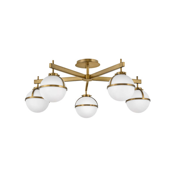 Hollis Heritage Brass Five-Light Foyer Semi-Flush Mount With Etched Opal Glass, image 2