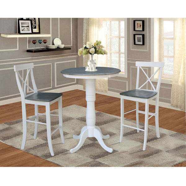 White and Heather Gray 30-Inch Round Pedestal Bar Height Table With X-Back Bar Height Stools, Three-Piece, image 2