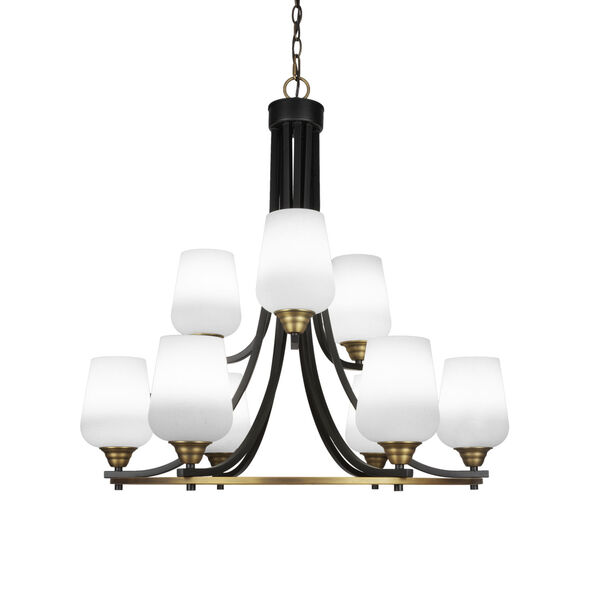 Paramount Matte Black and Brass 31-Inch Nine-Light Chandelier with White Muslin Glass Shade, image 1