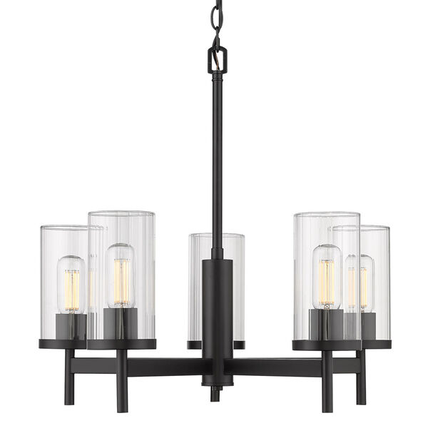 Winslett Matte Black 24-Inch Five-Light Chandelier with Ribbed Clear Glass Shade, image 4