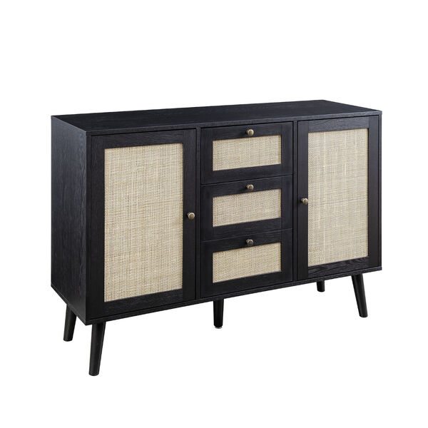 Black Solid Wood and Rattan Sideboard with Three Drawers, image 1