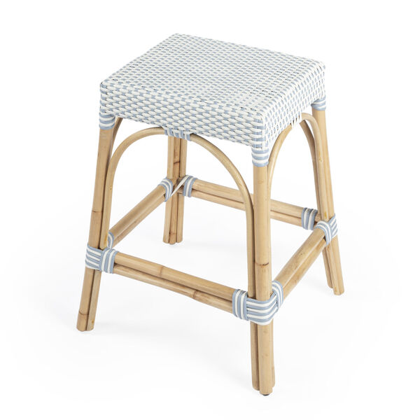 Robias White and Sky Blue Dot on Natural Rattan Counter Stool, image 1