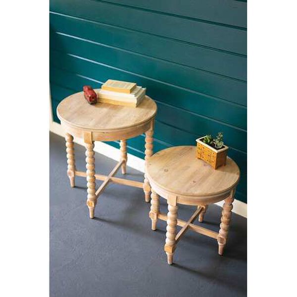 Rattan Wood Round Wooden Side Tables with Turned Legs, Set of Two, image 2