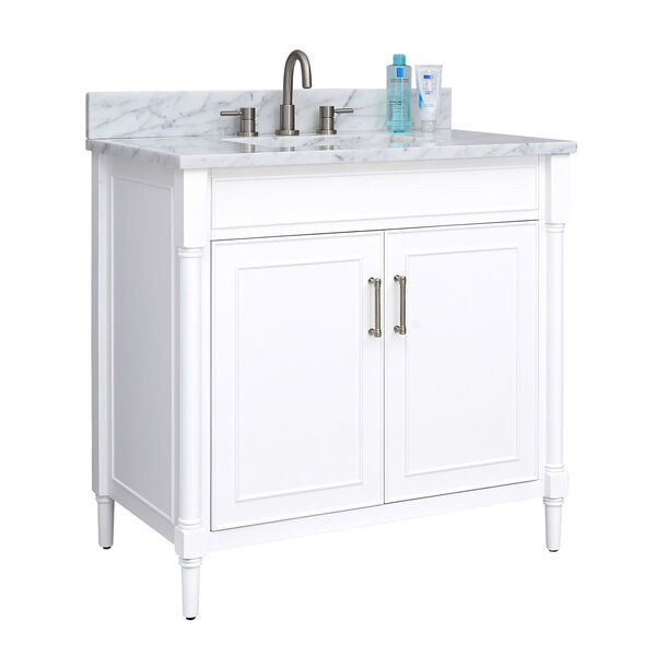 Bristol White 37-Inch Vanity Set with Carrara White Marble Top, image 2