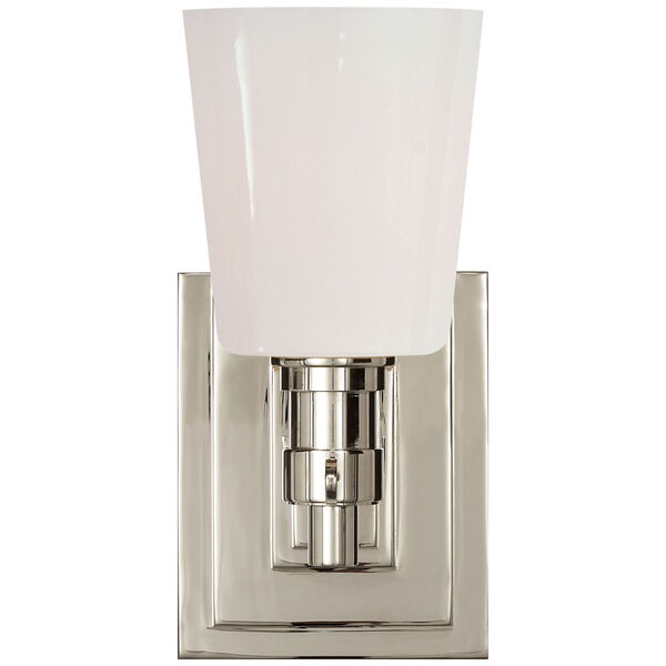 Bryant Single Bath Sconce in Polished Nickel with White Glass by Thomas O'Brien, image 1