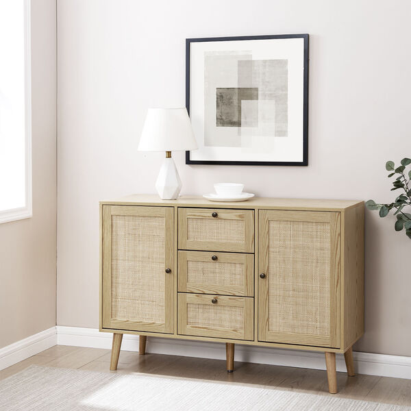 Natural Solid Wood and Rattan Sideboard with Three Drawers, image 2