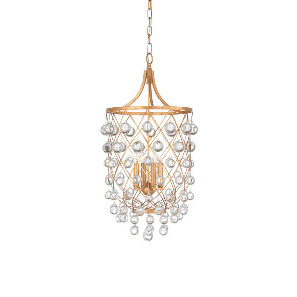 Antique Gold Four-Light Chandelier with Crystal Round Drops, image 1
