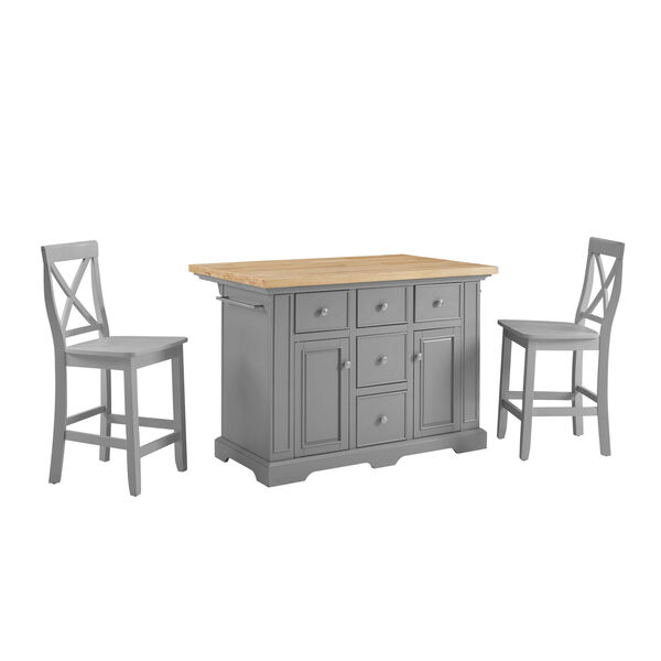 Julia Gray Wood Top Kitchen Island with X-Back Stool, 3-Piece, image 3