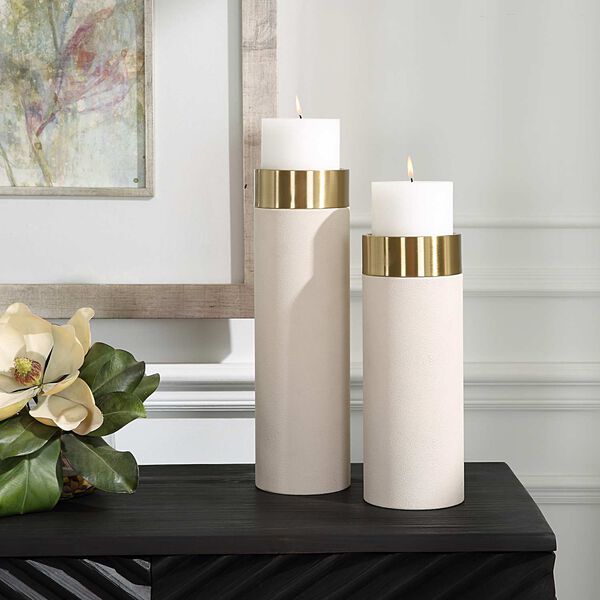 Wessex White Antique Brushed Brass Pillar Candleholders, Set Of Two, image 3