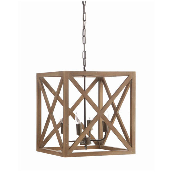 Metal and Wood Four-Light Chandelier, image 1
