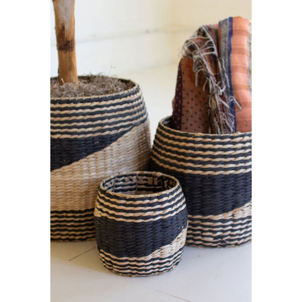 Rattan Wood Round Black Natural Seagrass Baskets, Set of Three, image 3
