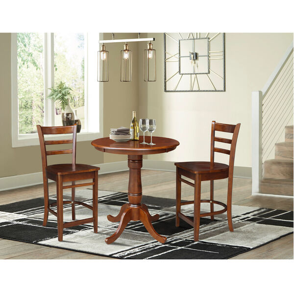 Espresso 30-Inch Round Pedestal Gathering Height Table with Two Counter Stool, Three-Piece, image 1