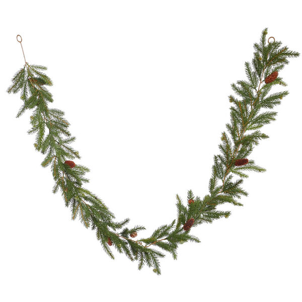 White and Green 6 Foot Spruce Garland with Cones, image 1