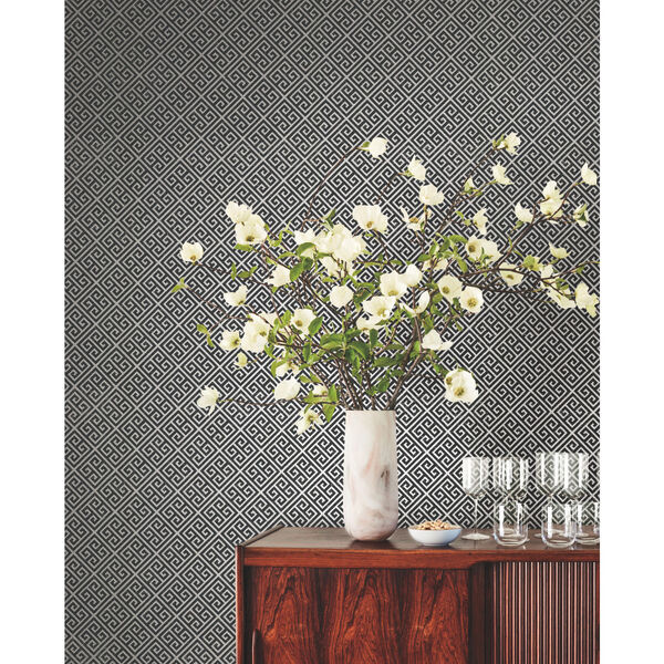 Silver and Black 27 In. x 27 Ft. Grecian Geometric Wallpaper, image 1