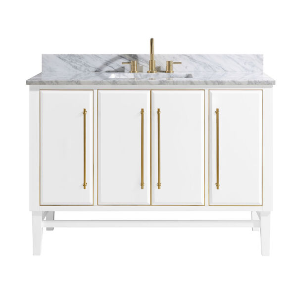 White 49-Inch Bath vanity Set with Gold Trim and Carrara White Marble Top, image 1