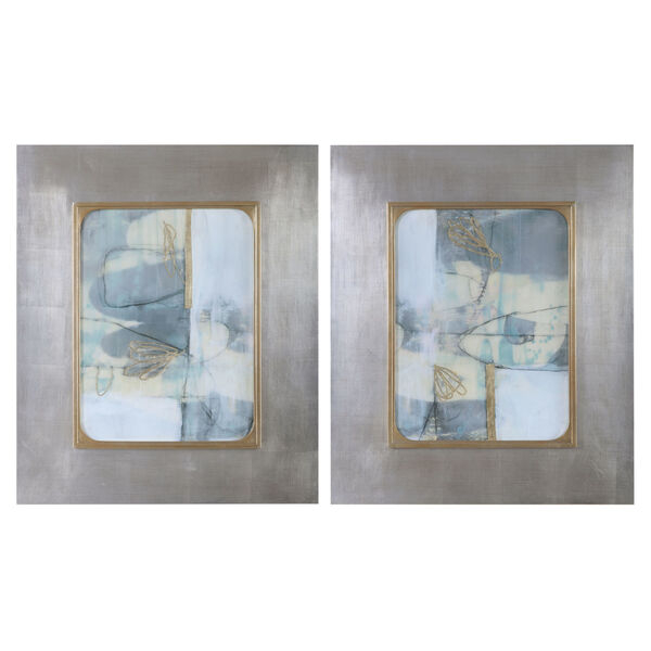 Gilded Whimsy Light Blue, Gray, Taupe and Gold Leaf Abstract Prints, Set of 2, image 1