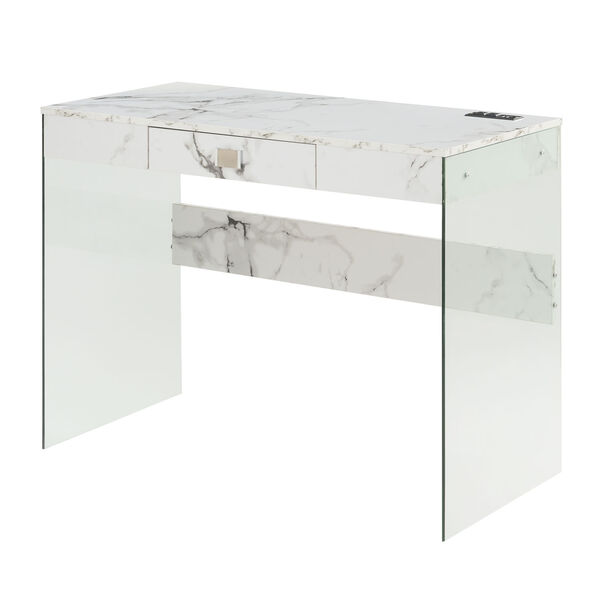 SoHo Faux White Marble Glass Desk with Charging Station, image 1