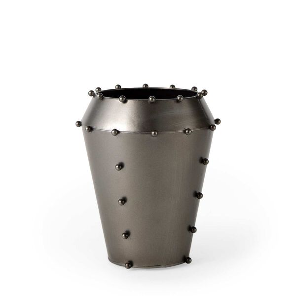 Elio Gunmetal Gray Metal Vase with Studs, image 1